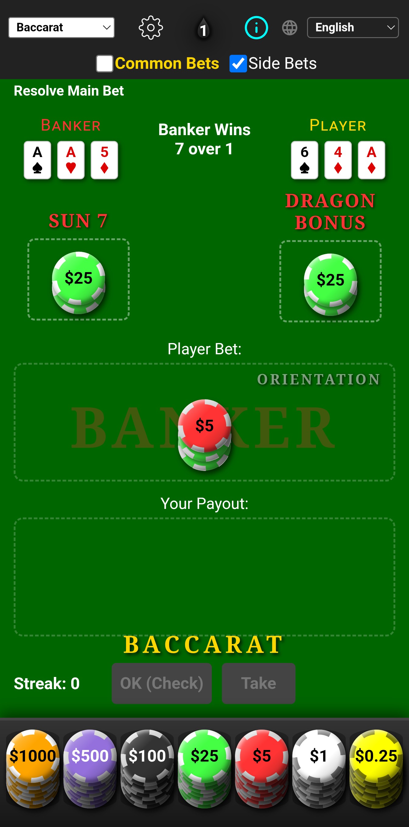 Baccarat Layout with Side Bets